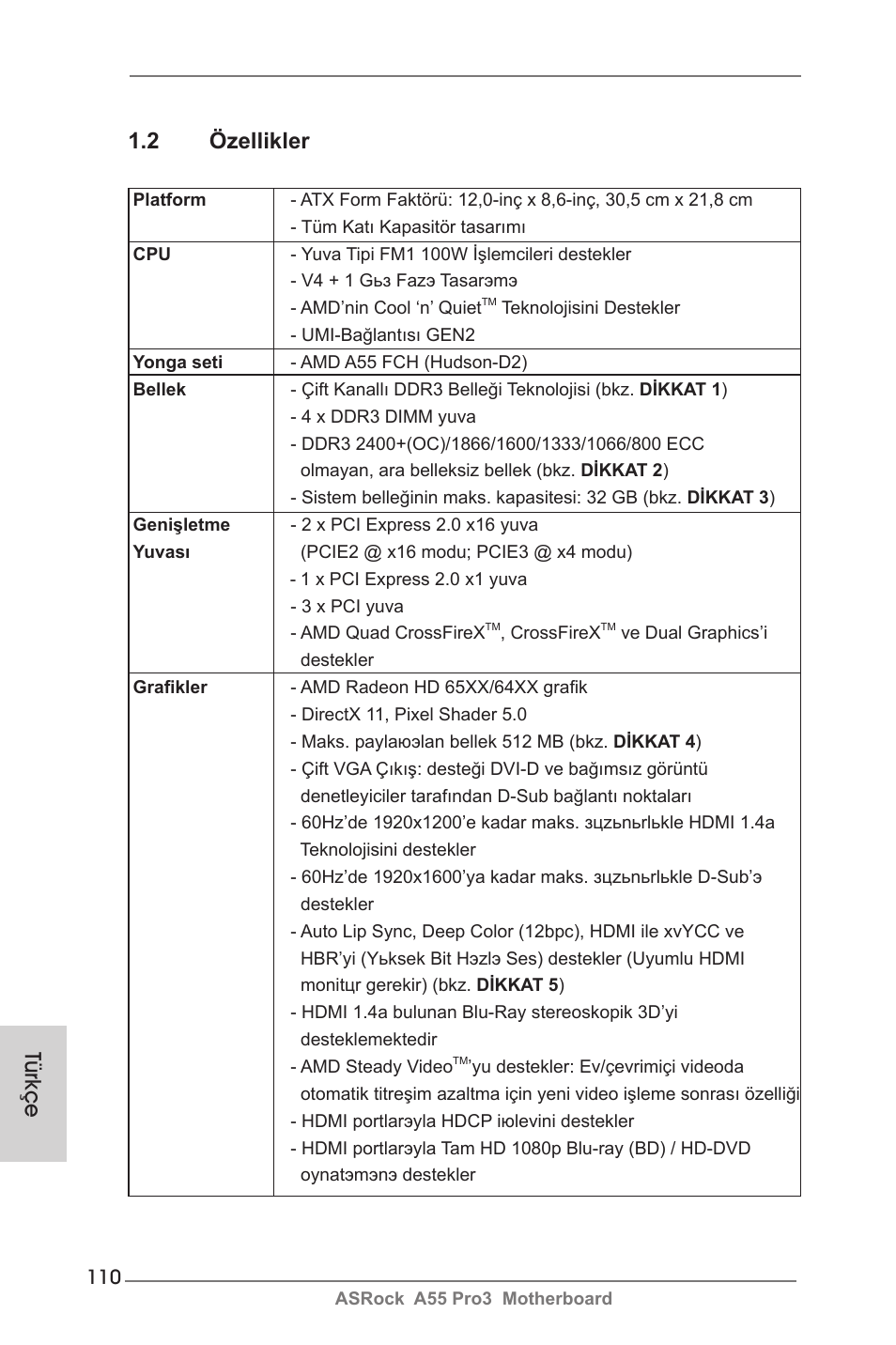 Türkçe 1.2 özellikler | ASRock A55 Pro3 User Manual | Page 110 / 190