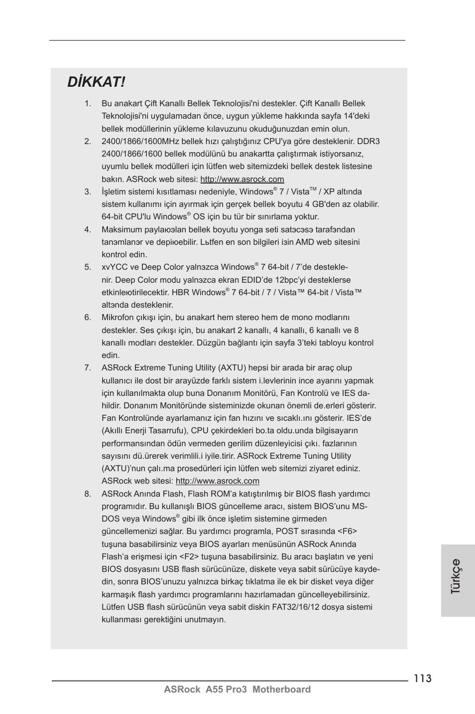 Dikkat, Türkçe | ASRock A55 Pro3 User Manual | Page 113 / 190