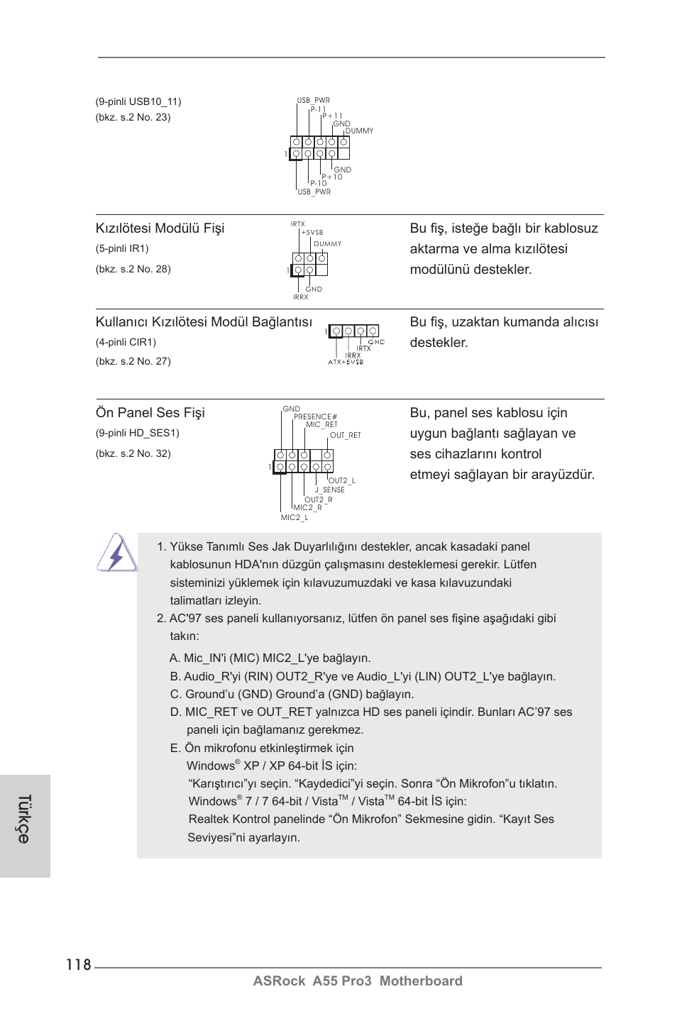 Türkçe, Aktarma ve alma kızılötesi, Uygun bağlantı sağlayan ve | Destekler | ASRock A55 Pro3 User Manual | Page 118 / 190