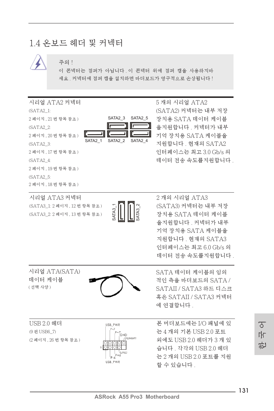 한 국 어, 4 온보드 헤더 및 커넥터 | ASRock A55 Pro3 User Manual | Page 131 / 190