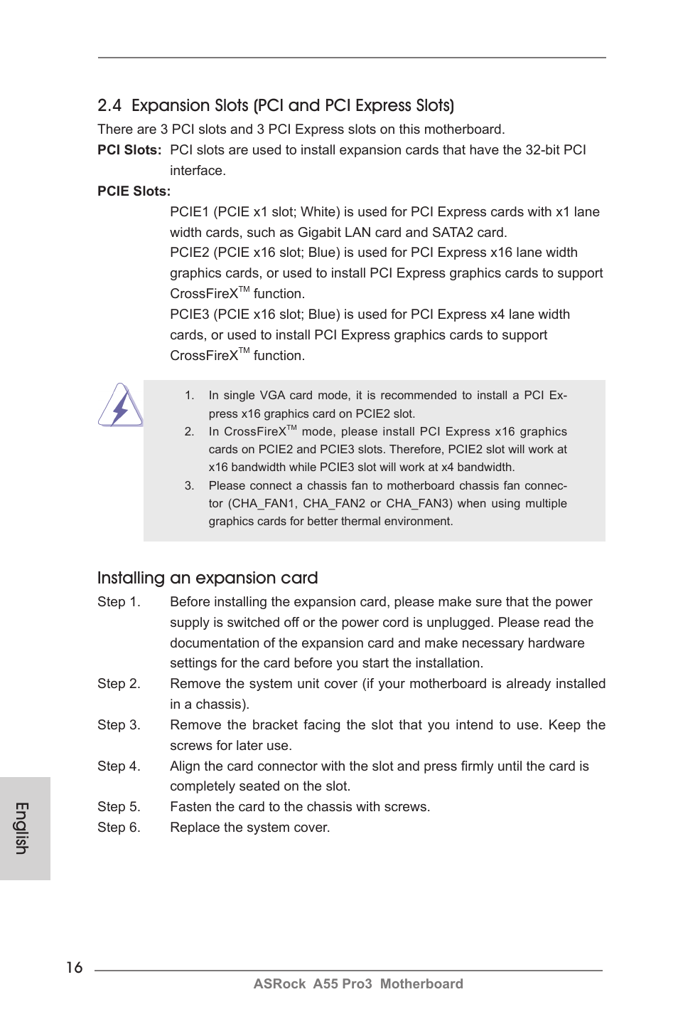 4 expansion slots (pci and pci express slots), Installing an expansion card, English | ASRock A55 Pro3 User Manual | Page 16 / 190