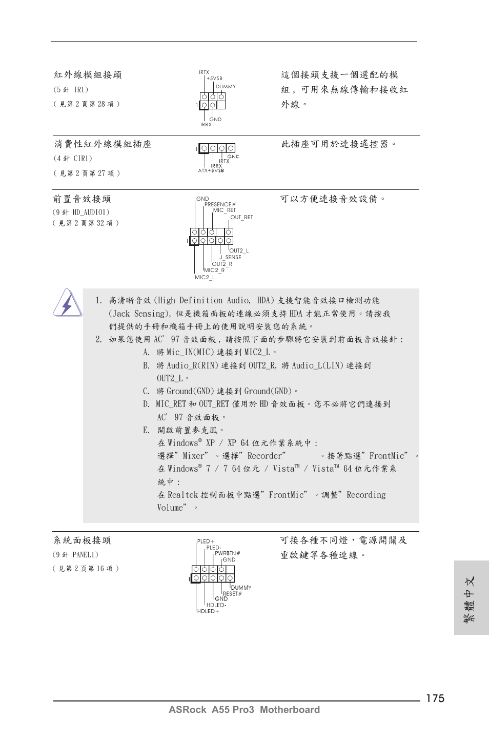 繁體中文, Asrock a55 pro3 motherboard, 紅外線模組接頭 這個接頭支援一個選配的模 | 組 , 可用來無線傳輸和接收紅, 外線。 消費性紅外線模組插座 此插座可用於連接遙控器, 系統面板接頭 可接各種不同燈，電源開關及, 重啟鍵等各種連線, 前置音效接頭 可以方便連接音效設備 | ASRock A55 Pro3 User Manual | Page 175 / 190