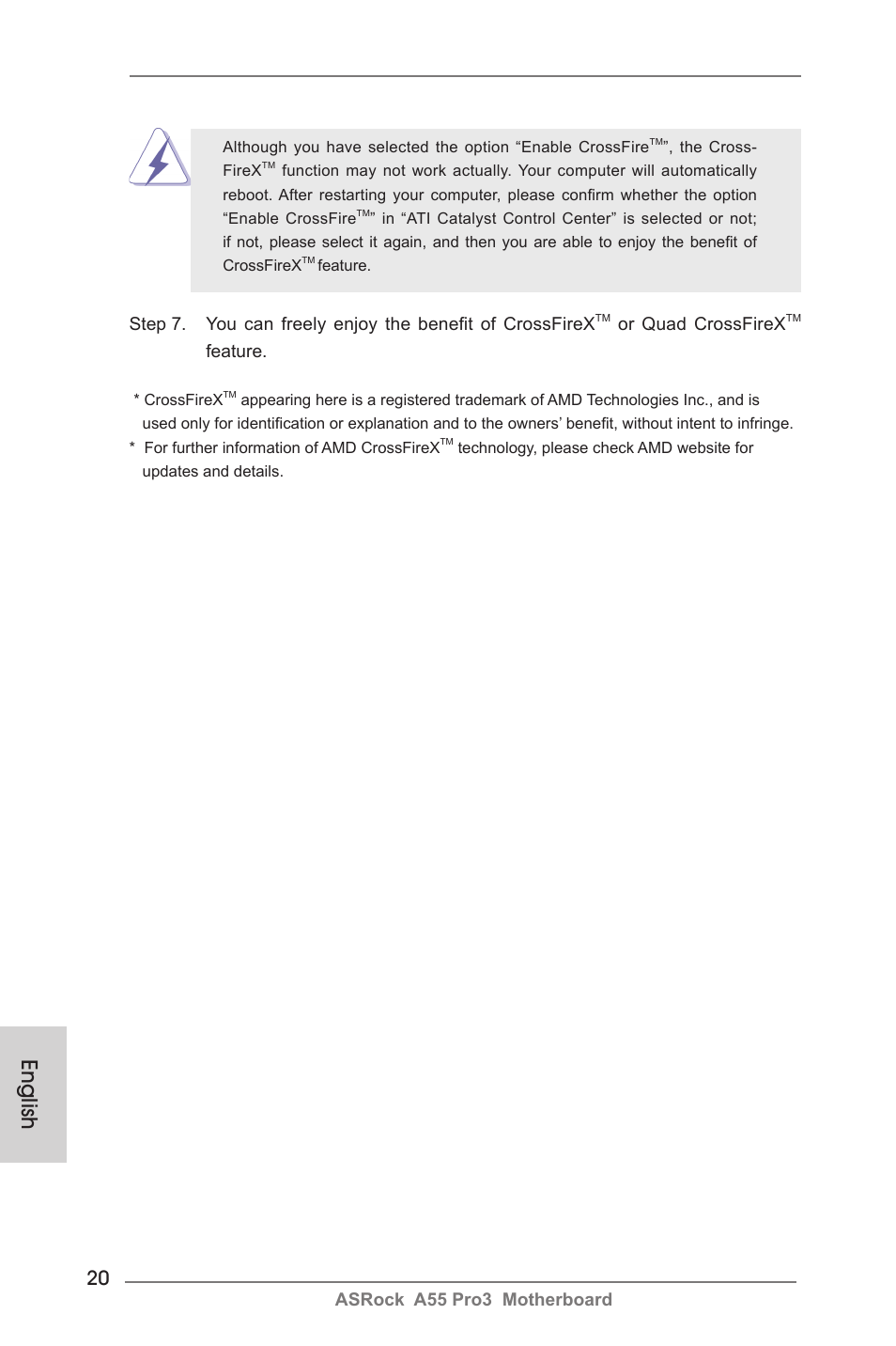 English, Asrock a55 pro3 motherboard, Or quad crossfirex | Feature | ASRock A55 Pro3 User Manual | Page 20 / 190
