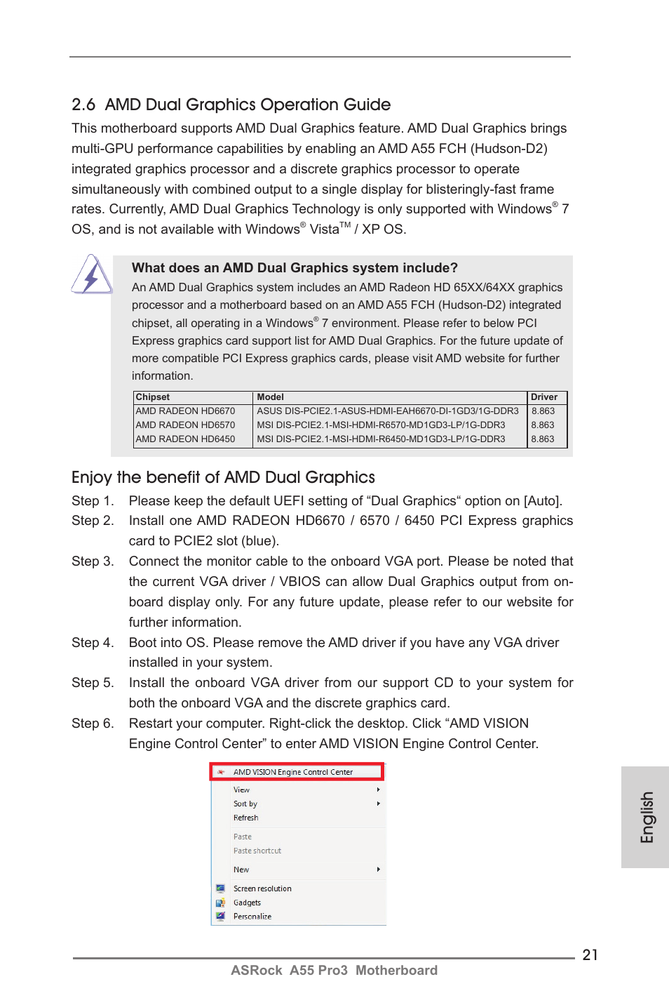 English 2.6 amd dual graphics operation guide, Enjoy the benefit of amd dual graphics | ASRock A55 Pro3 User Manual | Page 21 / 190