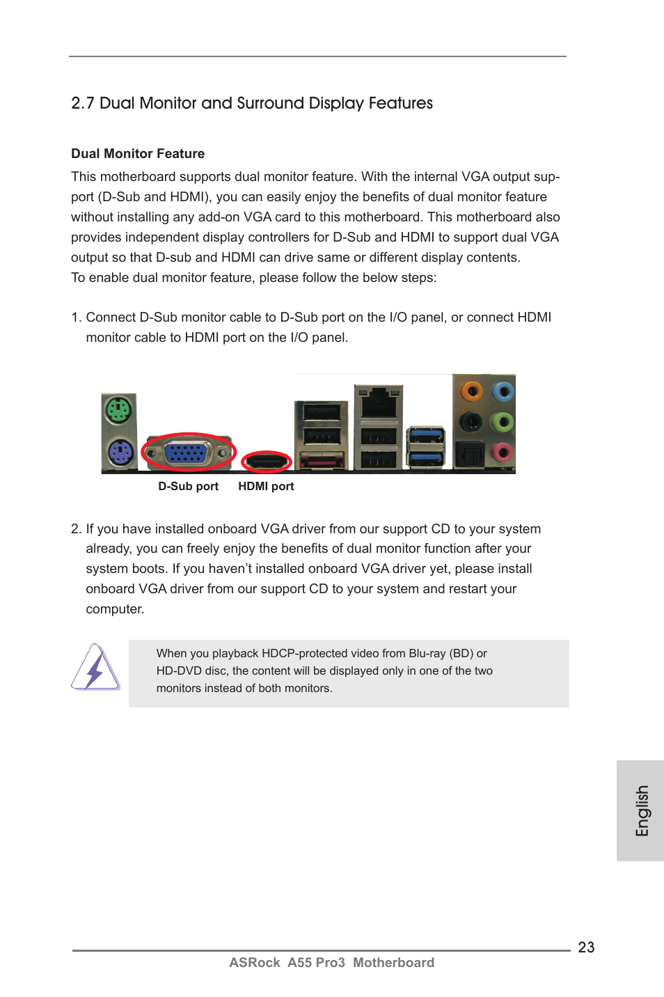English, 7 dual monitor and surround display features | ASRock A55 Pro3 User Manual | Page 23 / 190