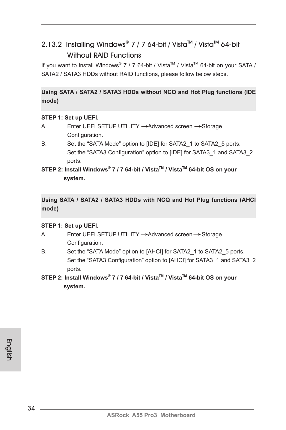 English, 2 installing windows, 7 / 7 64-bit / vista | Vista, Bit without raid functions | ASRock A55 Pro3 User Manual | Page 34 / 190