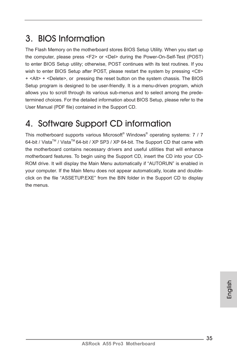 Bios information, Software support cd information, English | ASRock A55 Pro3 User Manual | Page 35 / 190