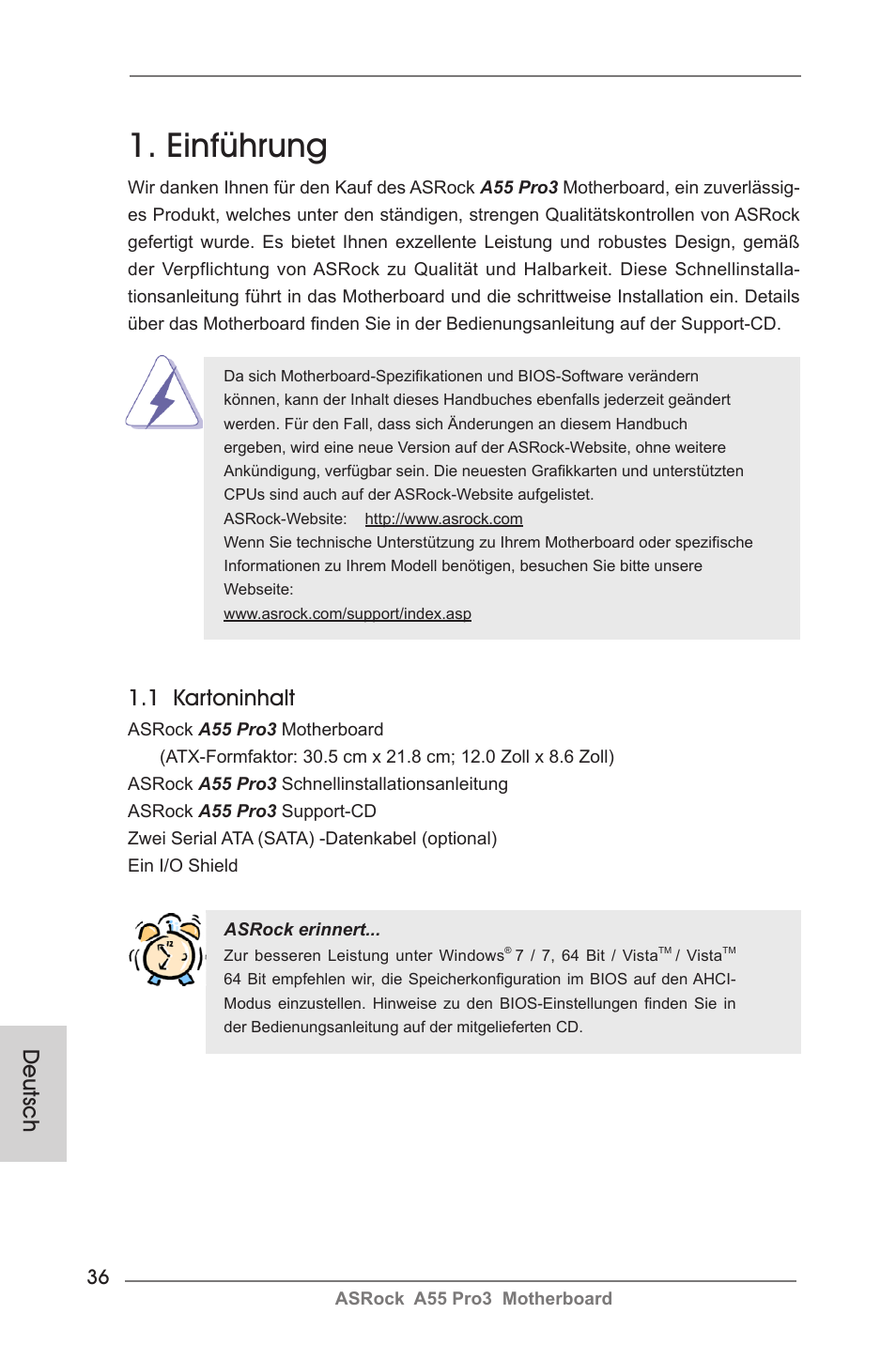 German, Einführung, 1 kartoninhalt | Deutsch | ASRock A55 Pro3 User Manual | Page 36 / 190