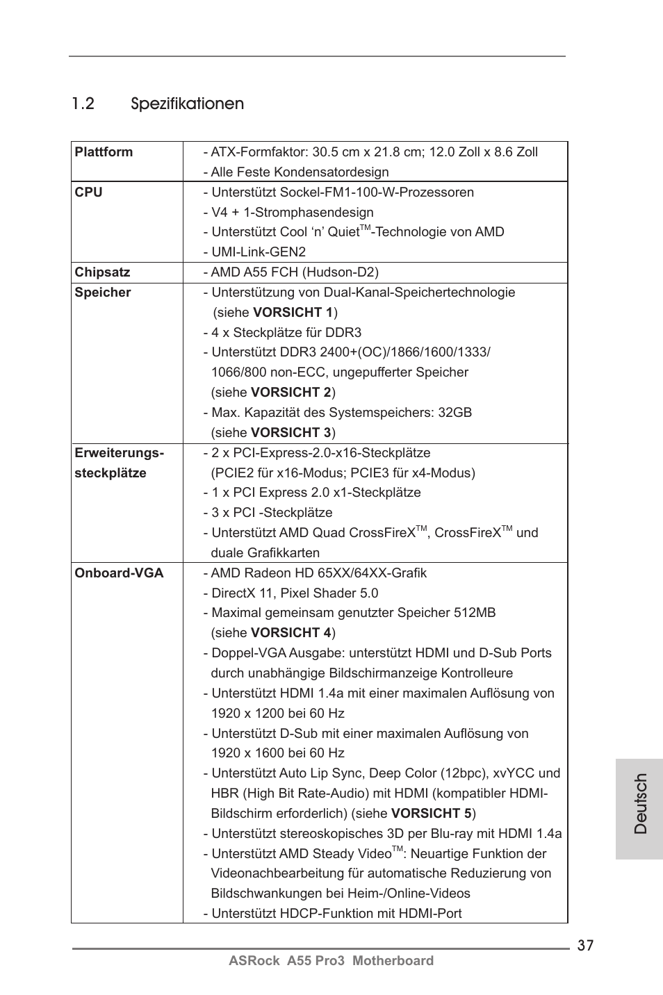 2 spezifikationen, Deutsch | ASRock A55 Pro3 User Manual | Page 37 / 190