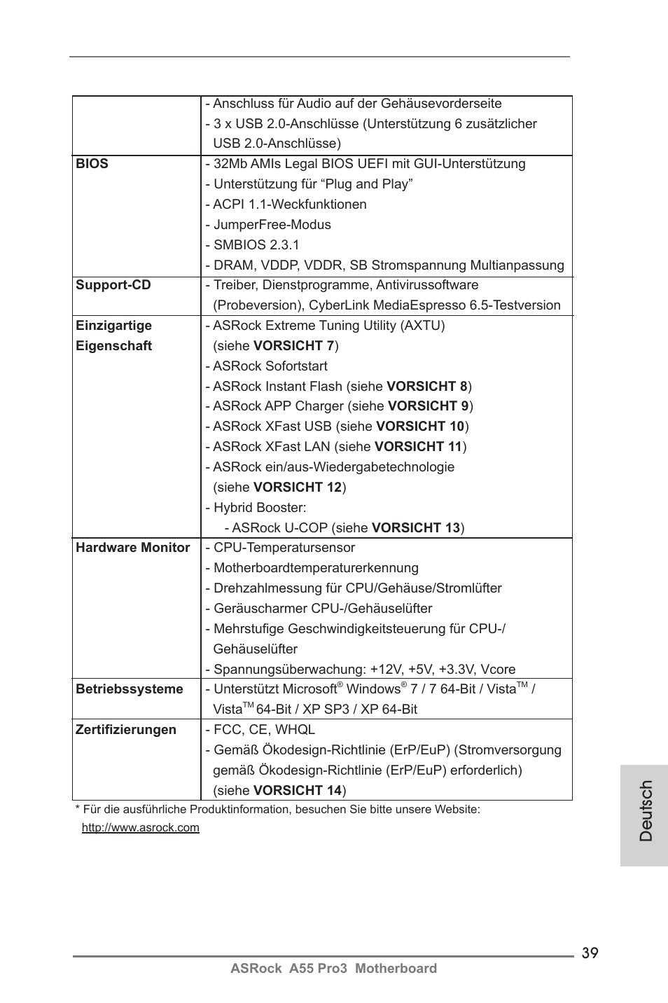 Deutsch | ASRock A55 Pro3 User Manual | Page 39 / 190
