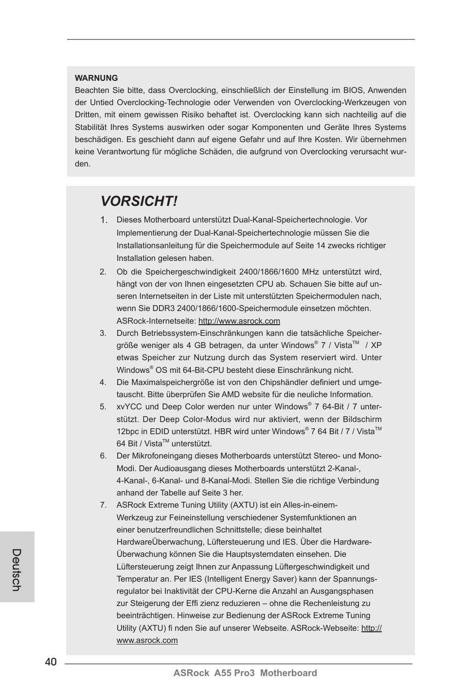 Vorsicht, Deutsch | ASRock A55 Pro3 User Manual | Page 40 / 190