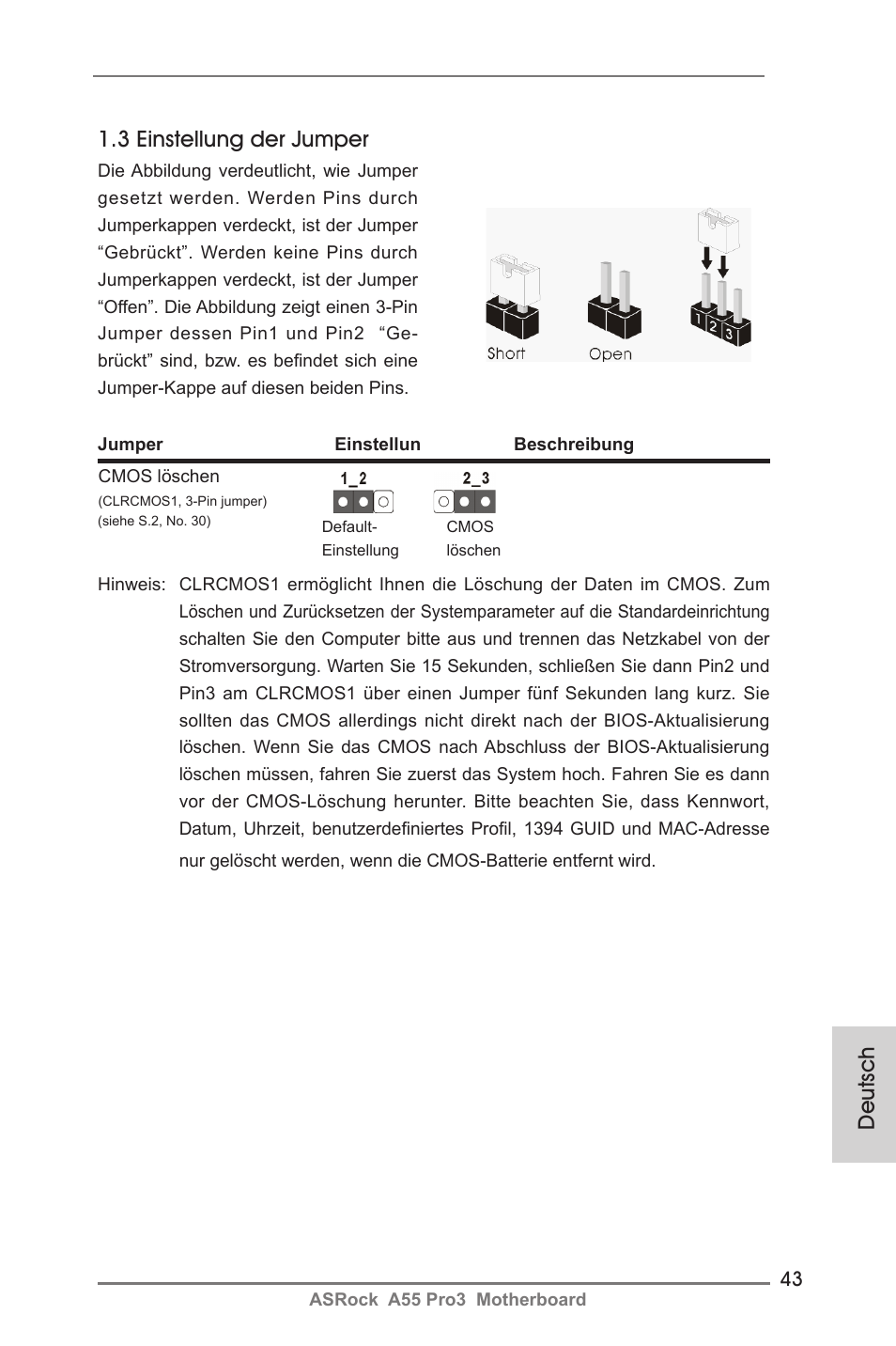 Deutsch 1.3 einstellung der jumper | ASRock A55 Pro3 User Manual | Page 43 / 190