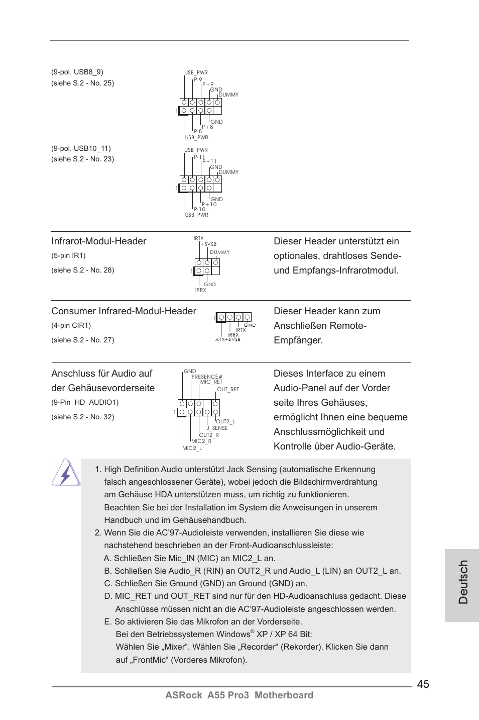 Deutsch, Asrock a55 pro3 motherboard, Optionales, drahtloses sende | Seite ihres gehäuses, Anschließen remote, Empfänger | ASRock A55 Pro3 User Manual | Page 45 / 190