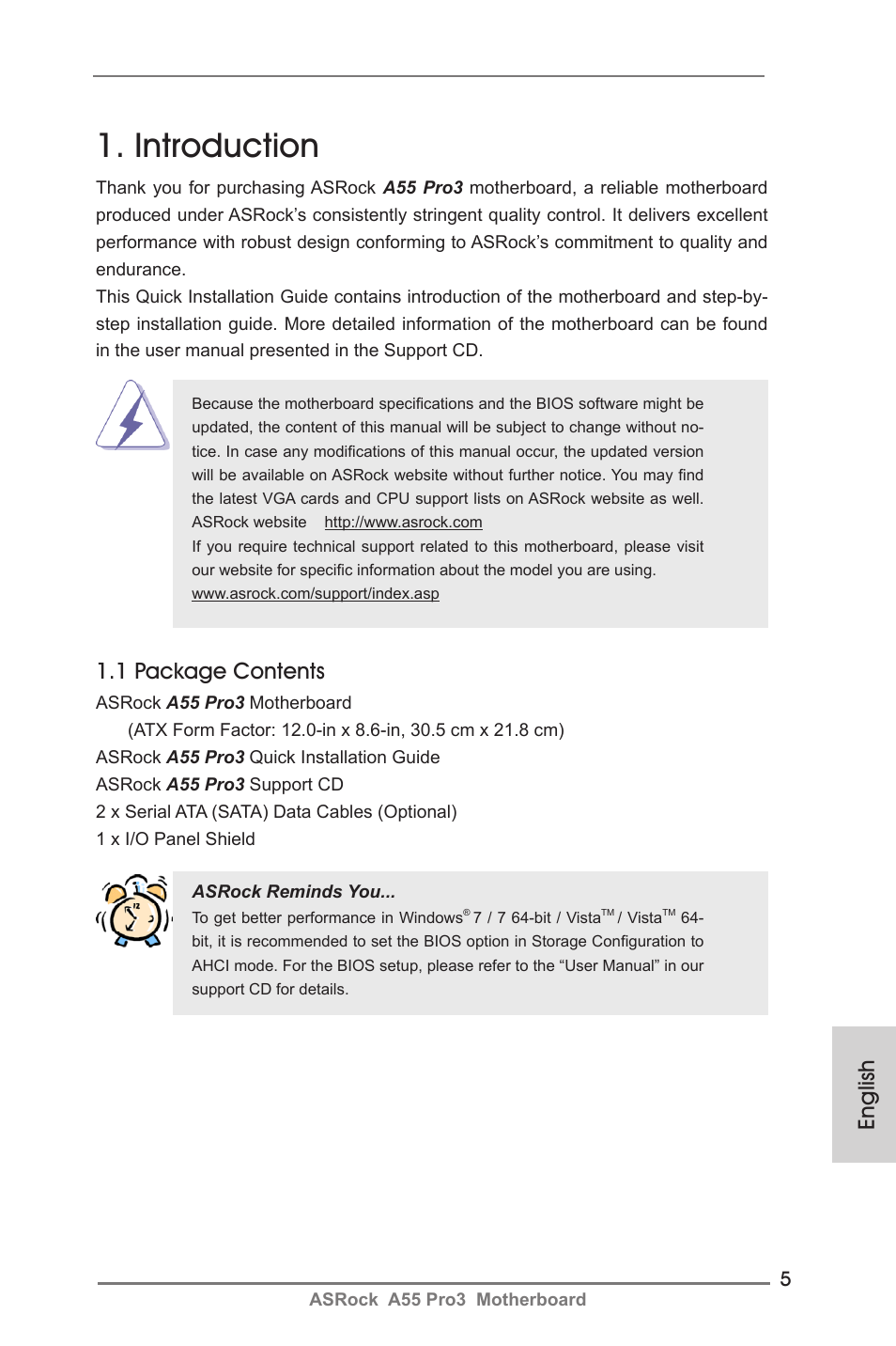 Introduction, English, 1 package contents | ASRock A55 Pro3 User Manual | Page 5 / 190