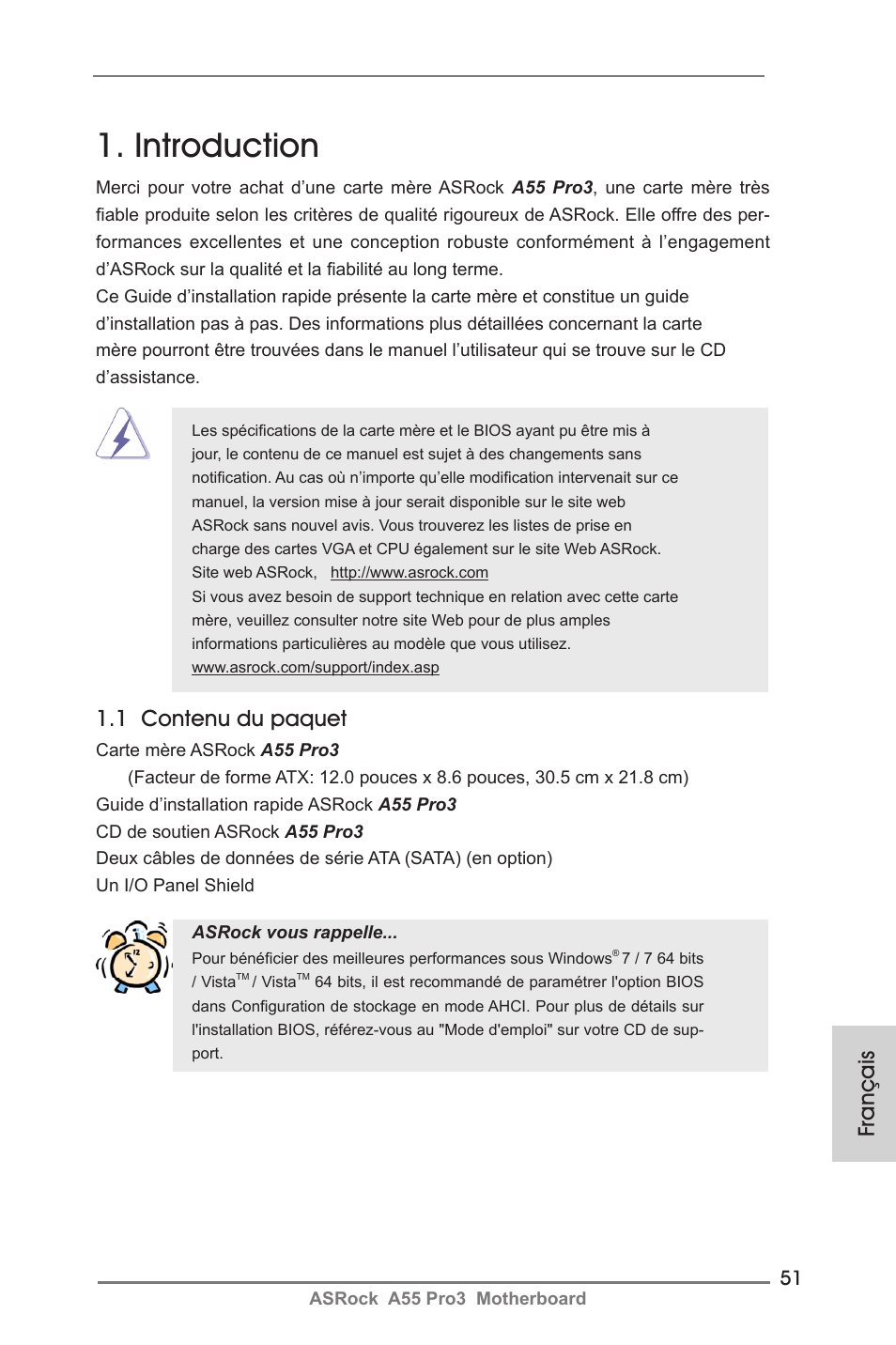French, Introduction, 1 contenu du paquet | Français | ASRock A55 Pro3 User Manual | Page 51 / 190
