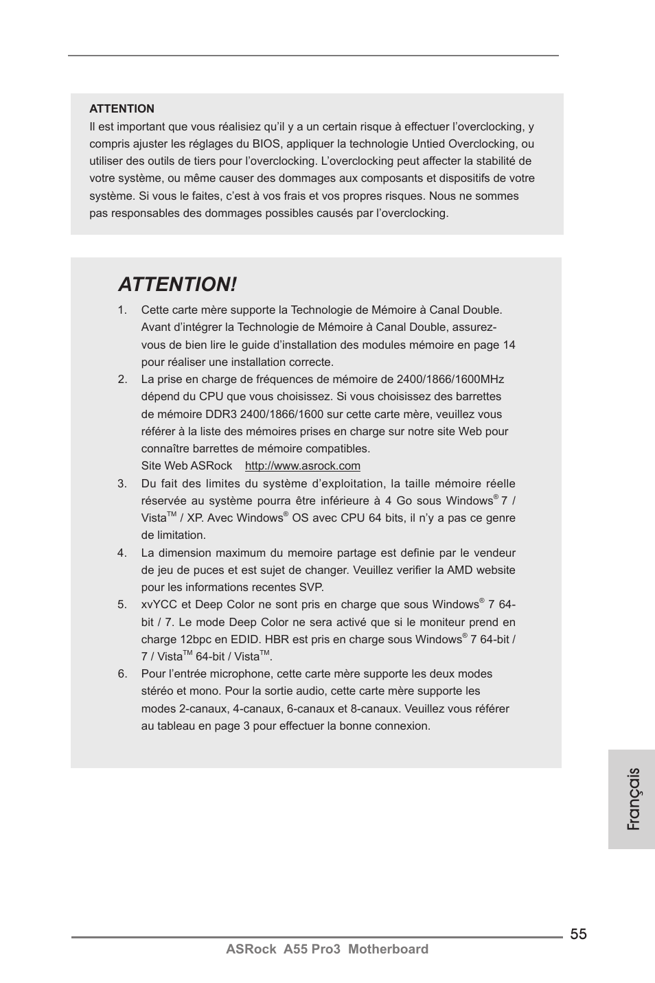 Attention, Français | ASRock A55 Pro3 User Manual | Page 55 / 190