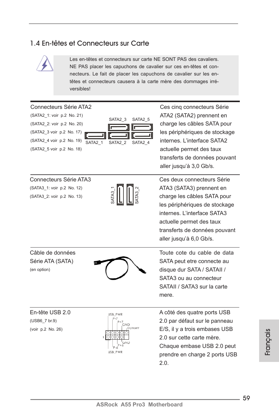 Français, 4 en-têtes et connecteurs sur carte | ASRock A55 Pro3 User Manual | Page 59 / 190