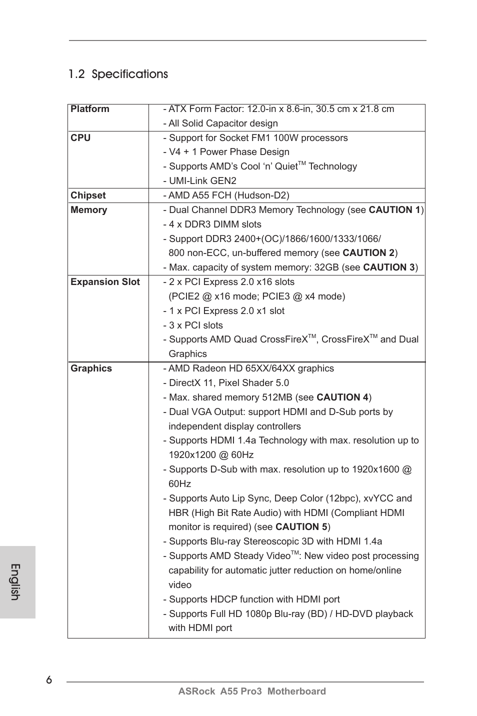 English 1.2 specifications | ASRock A55 Pro3 User Manual | Page 6 / 190