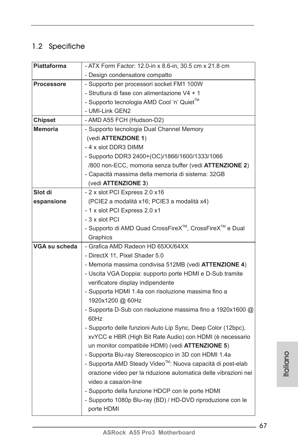 Italiano 1.2 specifiche | ASRock A55 Pro3 User Manual | Page 67 / 190