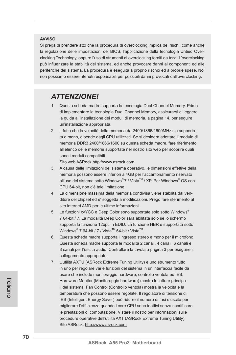 Attenzione, Italiano, Asrock a55 pro3 motherboard | ASRock A55 Pro3 User Manual | Page 70 / 190