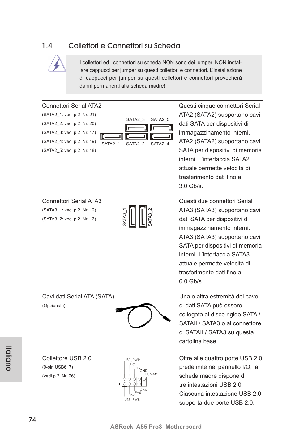 Italiano 1.4 collettori e connettori su scheda | ASRock A55 Pro3 User Manual | Page 74 / 190
