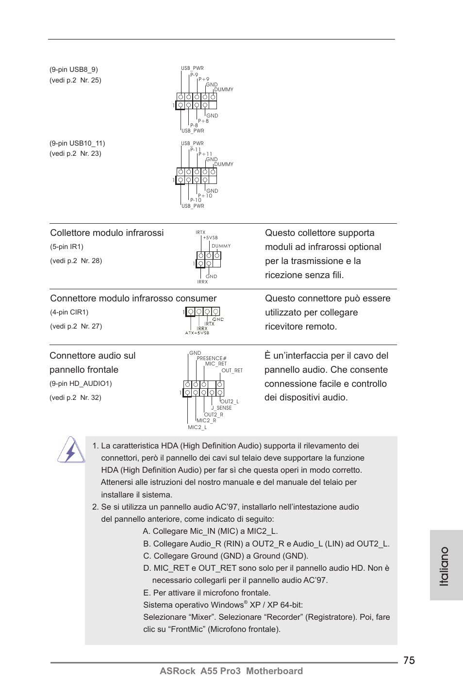 Italiano, Asrock a55 pro3 motherboard, Connessione facile e controllo | Dei dispositivi audio, Utilizzato per collegare, Moduli ad infrarossi optional, Per la trasmissione e la ricezione senza fili | ASRock A55 Pro3 User Manual | Page 75 / 190