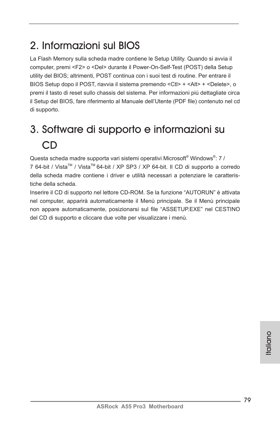 Informazioni sul bios, Software di supporto e informazioni su cd, Italiano | ASRock A55 Pro3 User Manual | Page 79 / 190