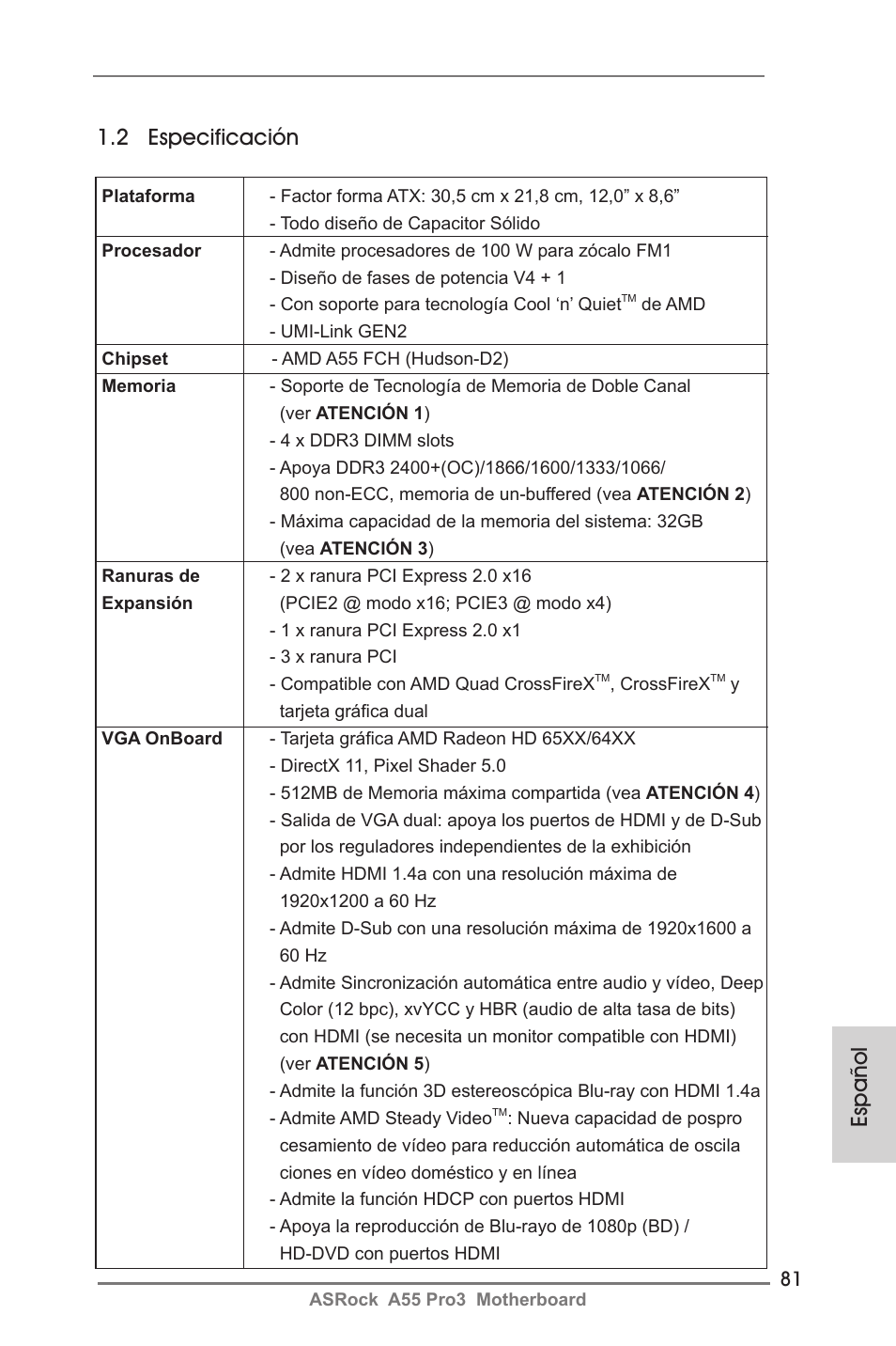 Español 1.2 especificación | ASRock A55 Pro3 User Manual | Page 81 / 190