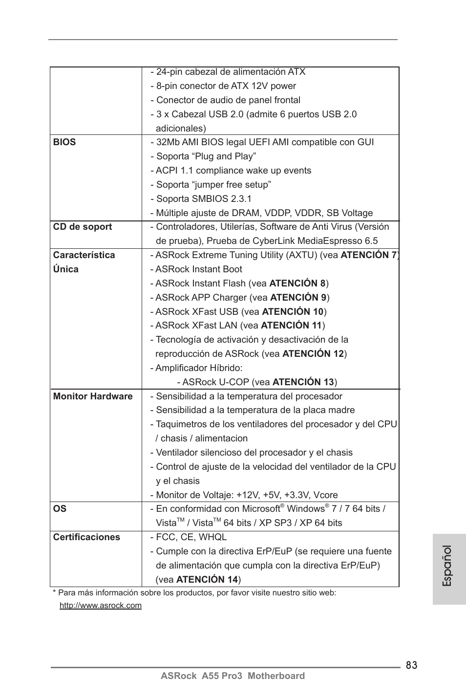 Español | ASRock A55 Pro3 User Manual | Page 83 / 190
