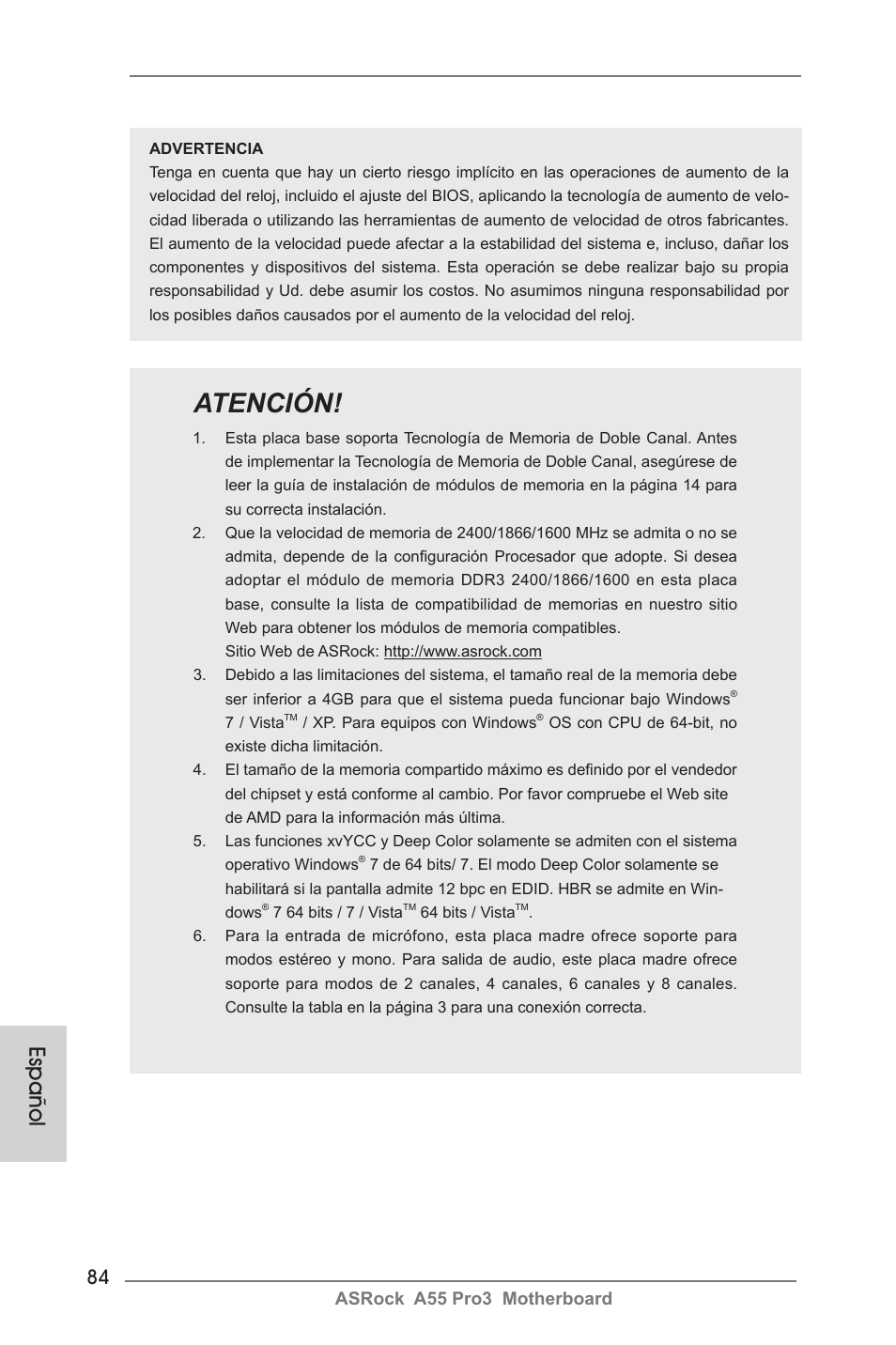 Atención, Español, Asrock a55 pro3 motherboard | ASRock A55 Pro3 User Manual | Page 84 / 190