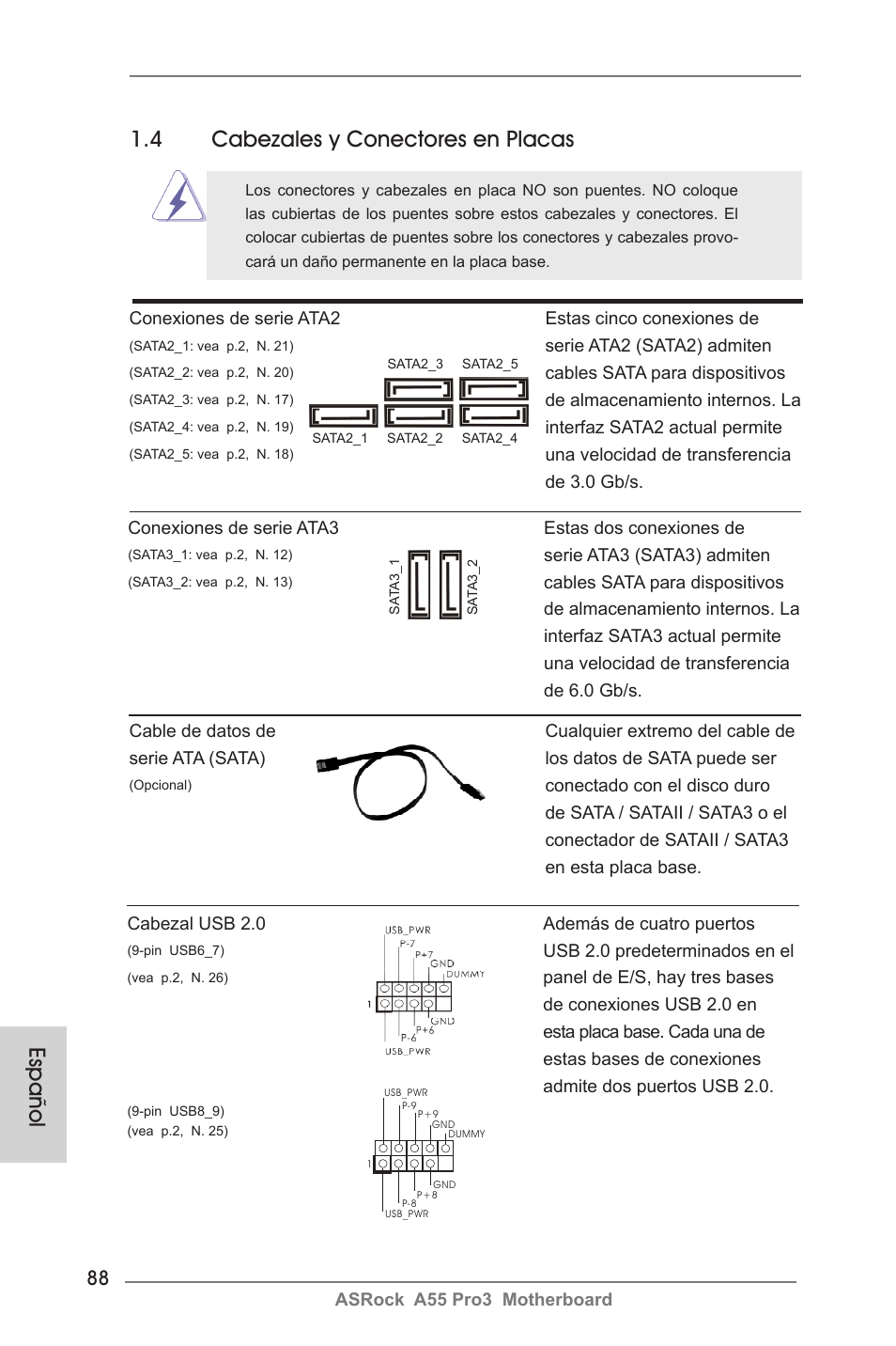 4 cabezales y conectores en placas, Español | ASRock A55 Pro3 User Manual | Page 88 / 190