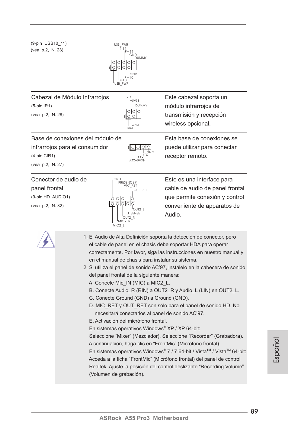 Español, Asrock a55 pro3 motherboard, Módulo infrarrojos de | Que permite conexión y control, Conveniente de apparatos de audio, Receptor remoto | ASRock A55 Pro3 User Manual | Page 89 / 190