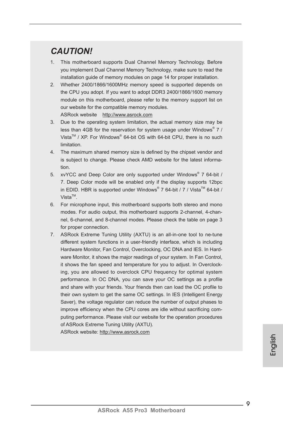 Caution, English, Asrock a55 pro3 motherboard | ASRock A55 Pro3 User Manual | Page 9 / 190