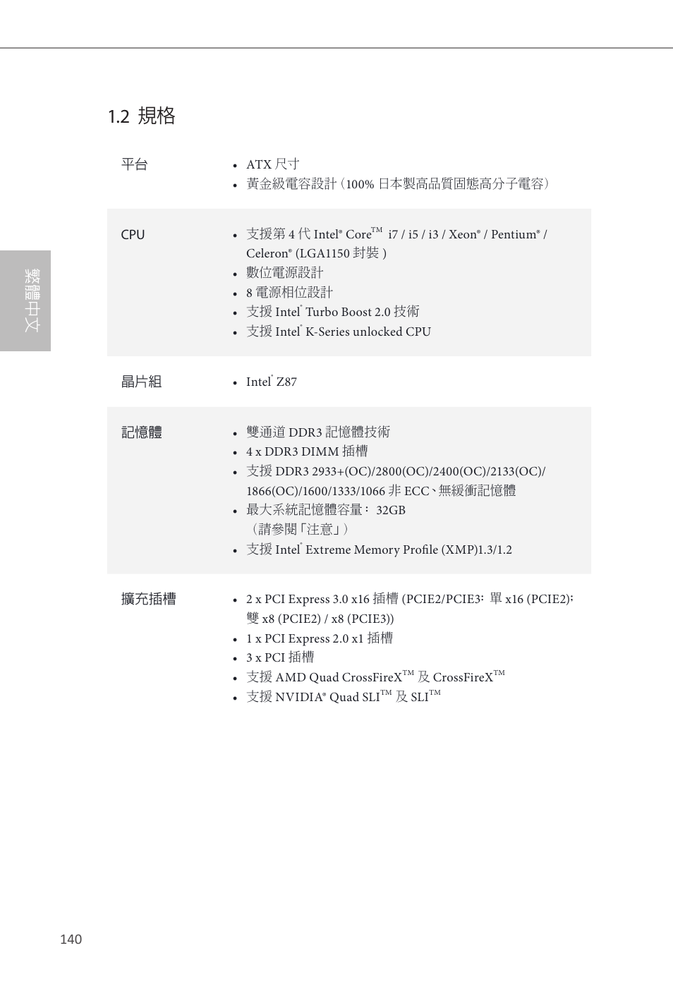 2 規格, 繁體中文 | ASRock Z87 Extreme3 User Manual | Page 142 / 164