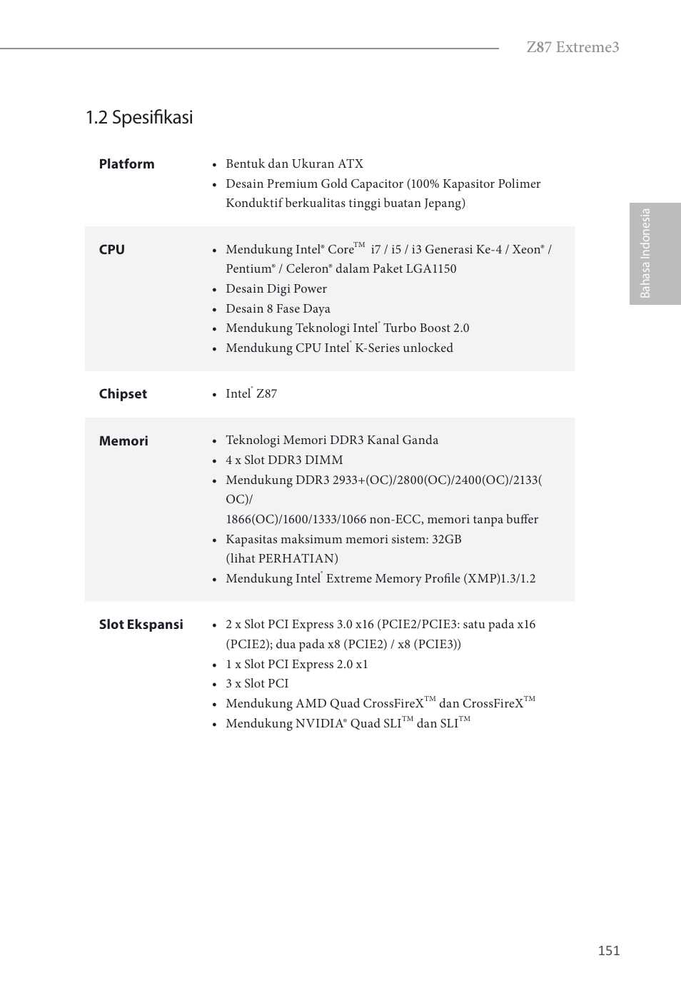 2 spesifikasi, Z 8 7 extreme3 | ASRock Z87 Extreme3 User Manual | Page 153 / 164