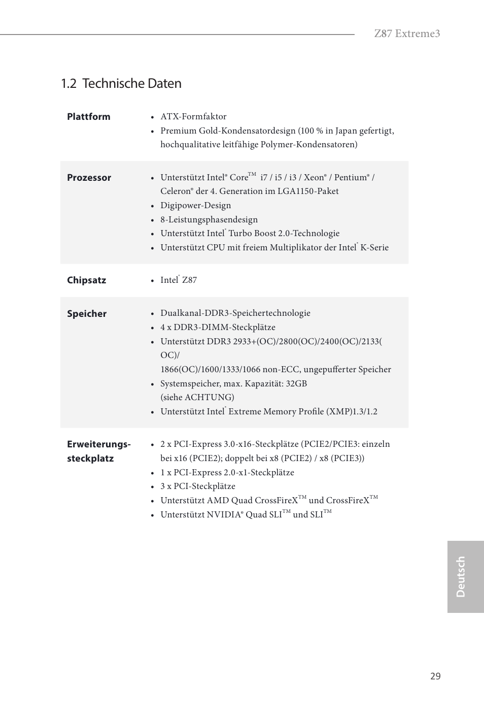 2 technische daten, Z 8 7 extreme3, Deutsch | ASRock Z87 Extreme3 User Manual | Page 31 / 164