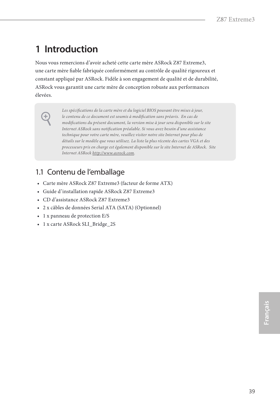 1 introduction, 1 contenu de l’emballage | ASRock Z87 Extreme3 User Manual | Page 41 / 164