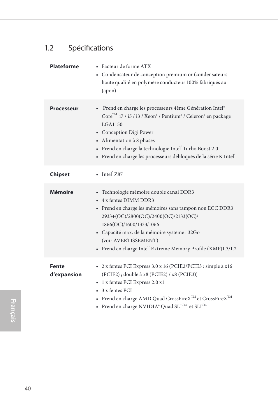 2 spécifications, Fr ançais français | ASRock Z87 Extreme3 User Manual | Page 42 / 164