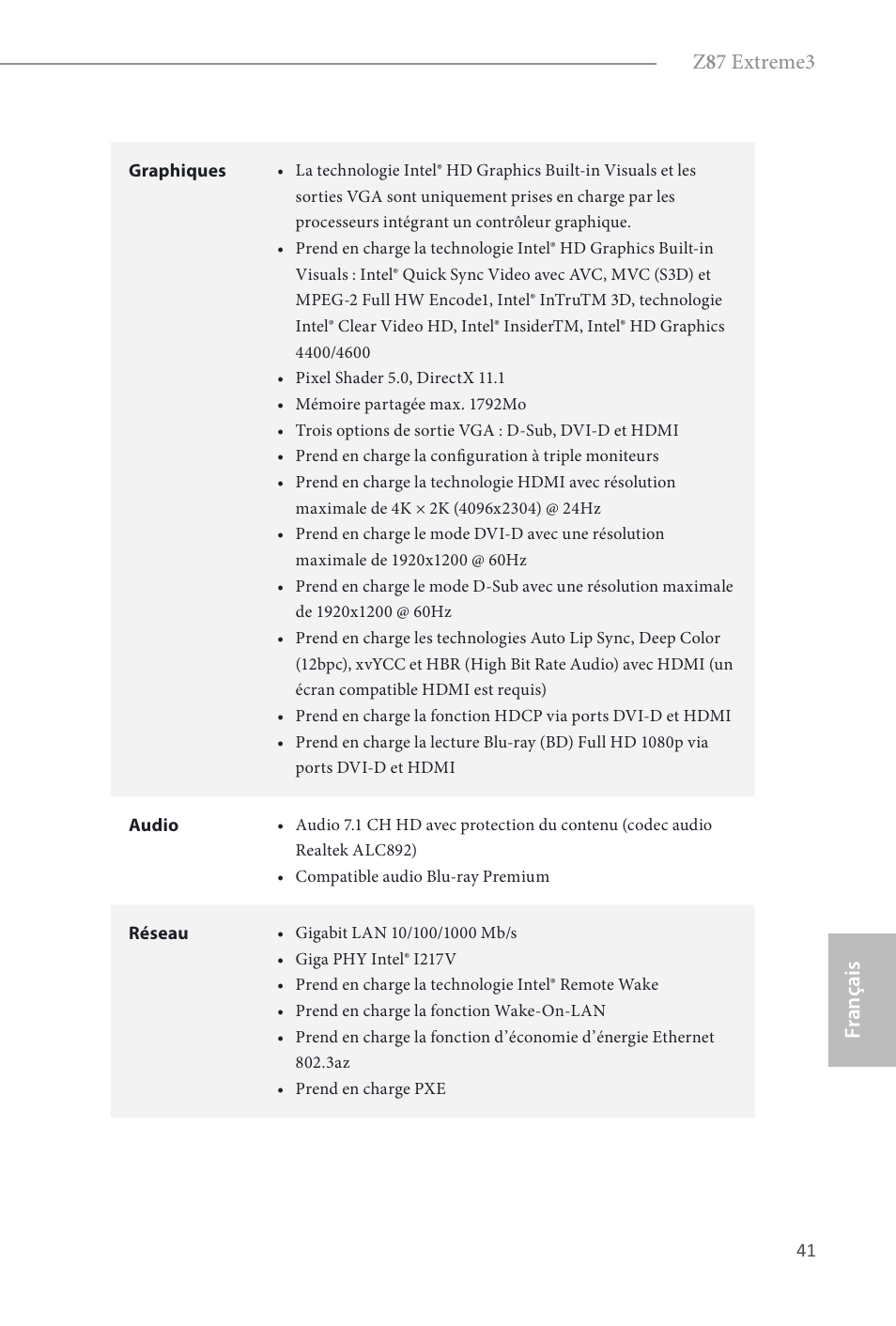 Z 8 7 extreme3, Fr ançais français | ASRock Z87 Extreme3 User Manual | Page 43 / 164
