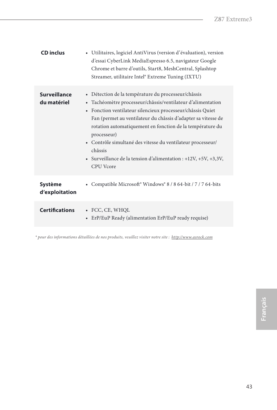 Z 8 7 extreme3, Fr ançais français | ASRock Z87 Extreme3 User Manual | Page 45 / 164