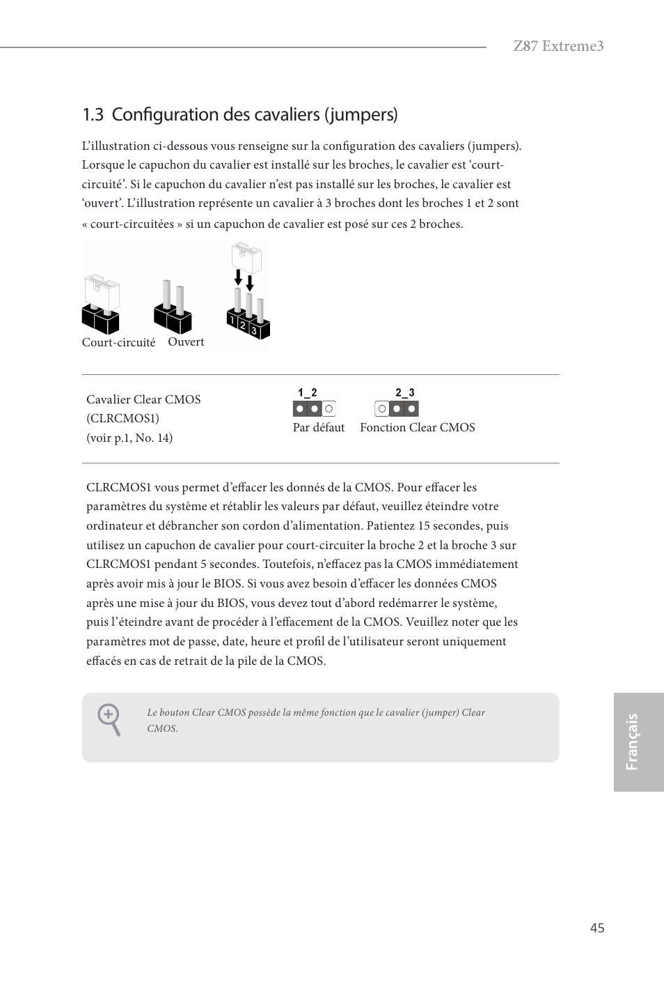 3 configuration des cavaliers (jumpers) | ASRock Z87 Extreme3 User Manual | Page 47 / 164