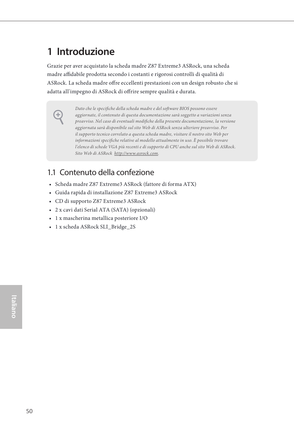 1 introduzione, 1 contenuto della confezione | ASRock Z87 Extreme3 User Manual | Page 52 / 164