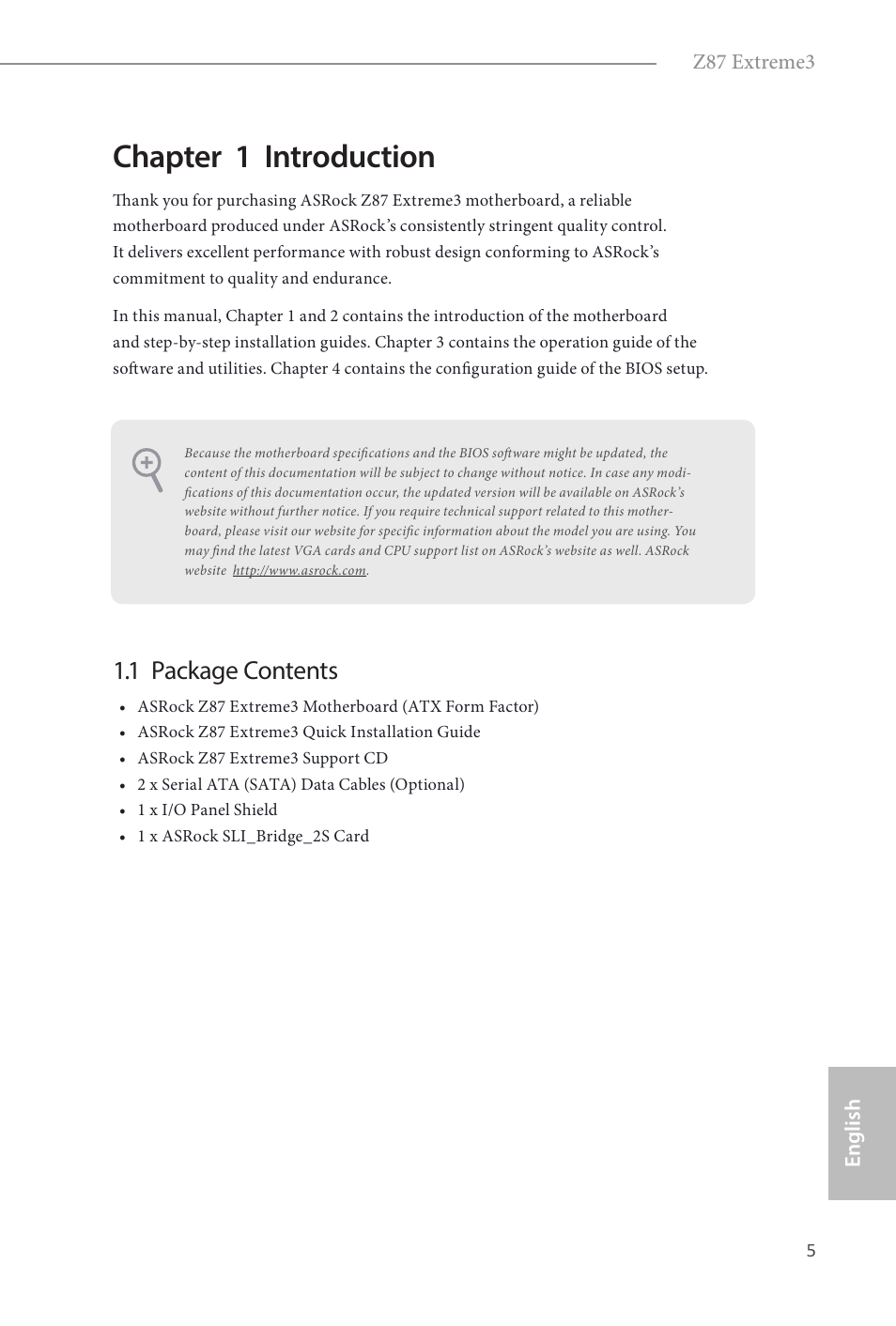 Chapter 1 introduction, 1 package contents | ASRock Z87 Extreme3 User Manual | Page 7 / 164