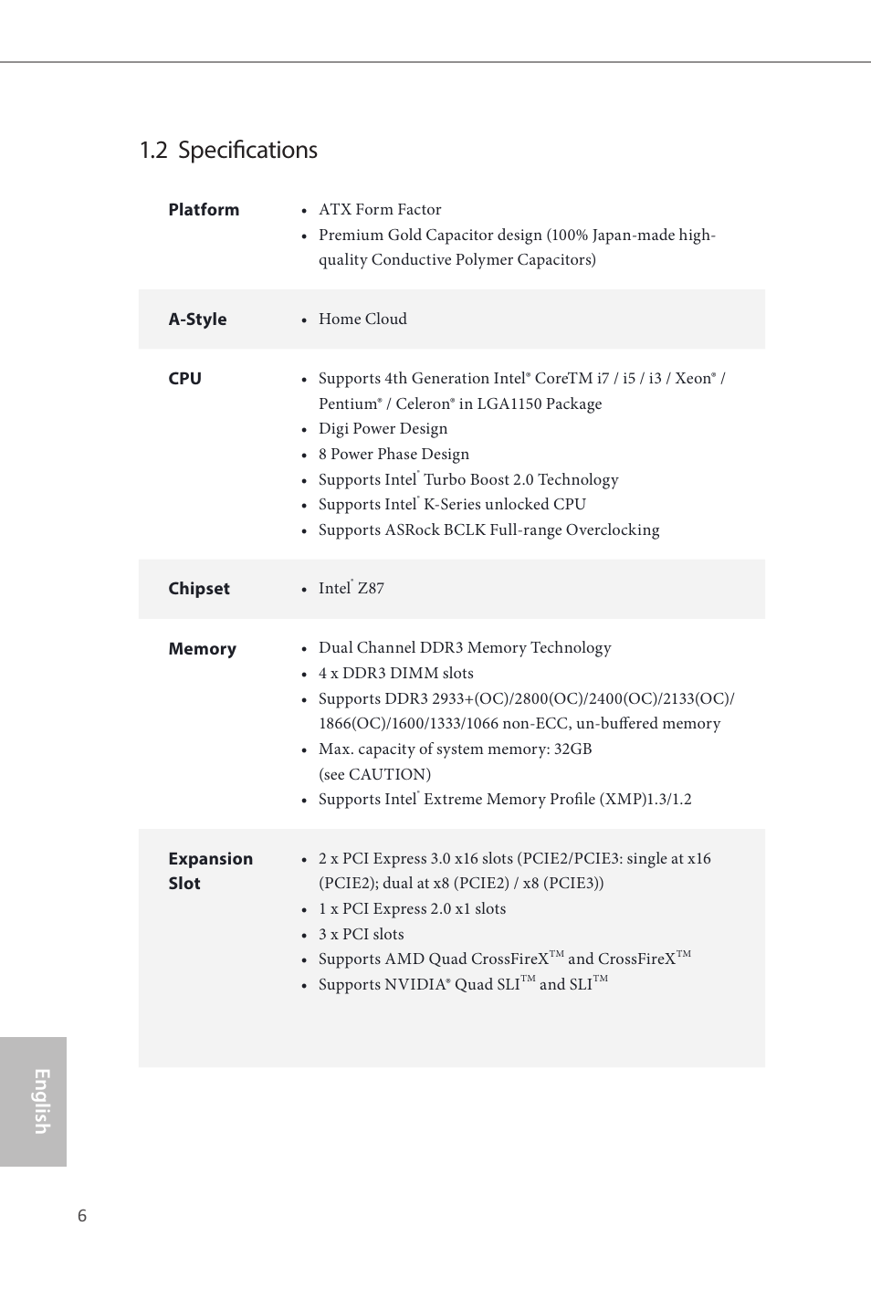 2 specifications, English | ASRock Z87 Extreme3 User Manual | Page 8 / 164