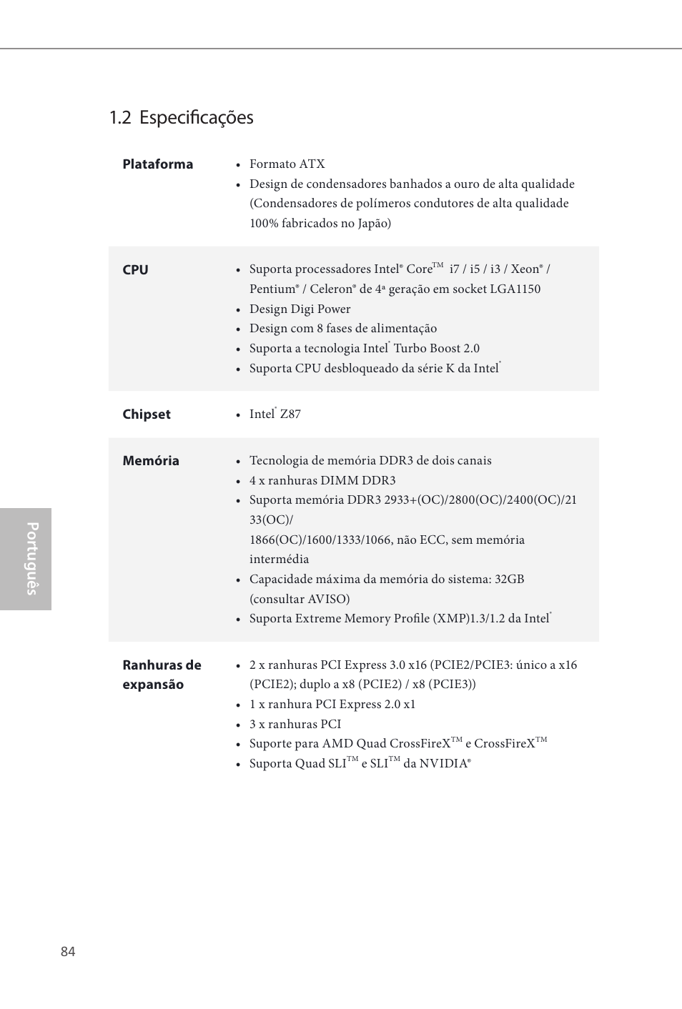 2 especificações, Por tuguês | ASRock Z87 Extreme3 User Manual | Page 86 / 164