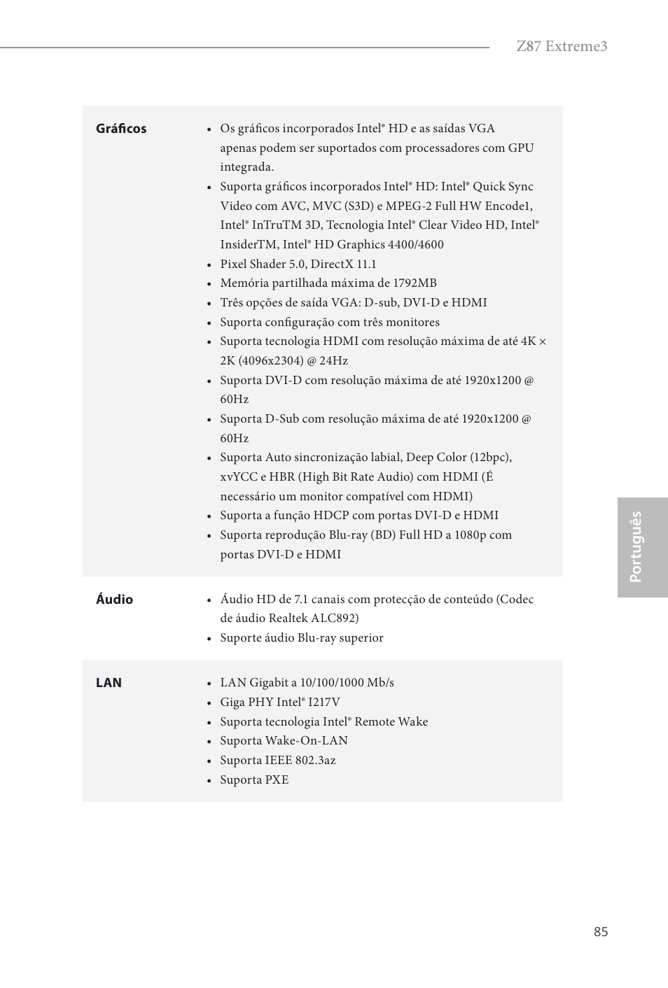 Z 8 7 extreme3, Por tuguês | ASRock Z87 Extreme3 User Manual | Page 87 / 164