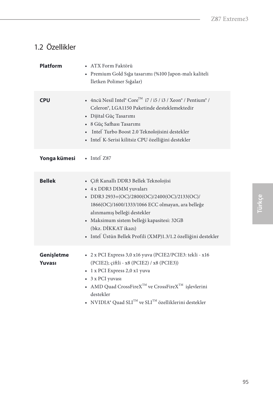 2 özellikler, Z 8 7 extreme3, Türk çe | ASRock Z87 Extreme3 User Manual | Page 97 / 164