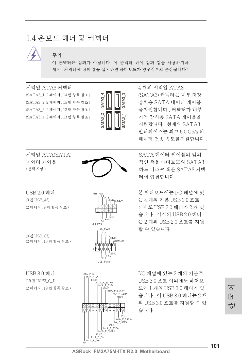 한 국 어, 4 온보드 헤더 및 커넥터, 는 4 개의 기본 usb 2.0 포트 | 시리얼 ata3 커넥터 4 개의 시리얼 ata3, Sata3) 커넥터는 내부 저장, 장치용 sata 데이터 케이블, 을지원합니다 . 커넥터가 내부, 기억 장치용 sata 케이블을 지원합니다 . 현재의 sata3, Usb 3.0 헤더 i/o 패널에 있는 2 개의 기본적, Usb 3.0 포트 이외에도 마더보 | ASRock FM2A75M-ITX R2.0 User Manual | Page 101 / 146