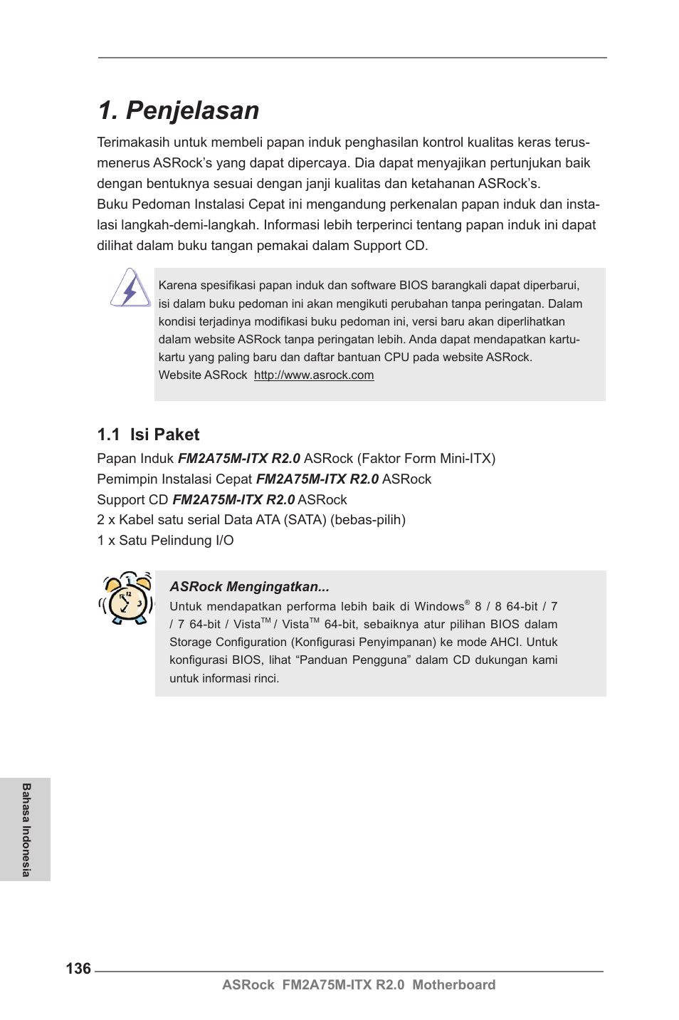 Indonesian, Penjelasan, 1 isi paket | ASRock FM2A75M-ITX R2.0 User Manual | Page 136 / 146