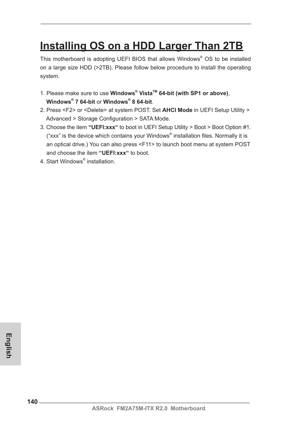 Installing os on a hdd larger than 2tb, English | ASRock FM2A75M-ITX R2.0 User Manual | Page 140 / 146